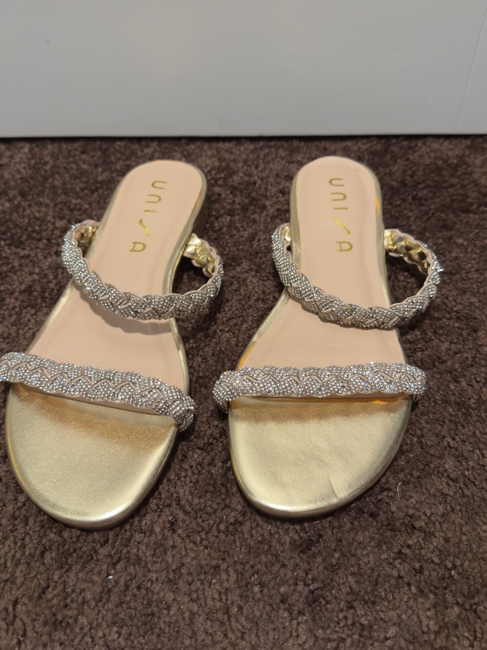 Unisa Gold Braided Crystal Double-Strap Slide Sandals